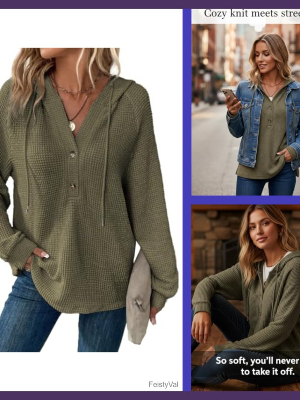 Waffle Knit Button V Neck Pullover Hoodie Casual Sweatshirt